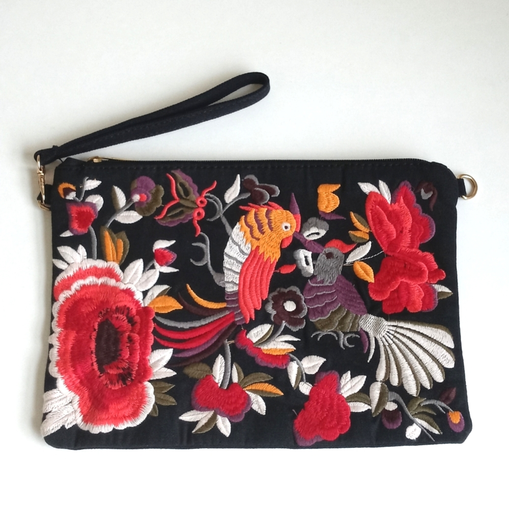 Gorgeous Colorful Embroidered Clutch/ Purse with Birds of Paradise